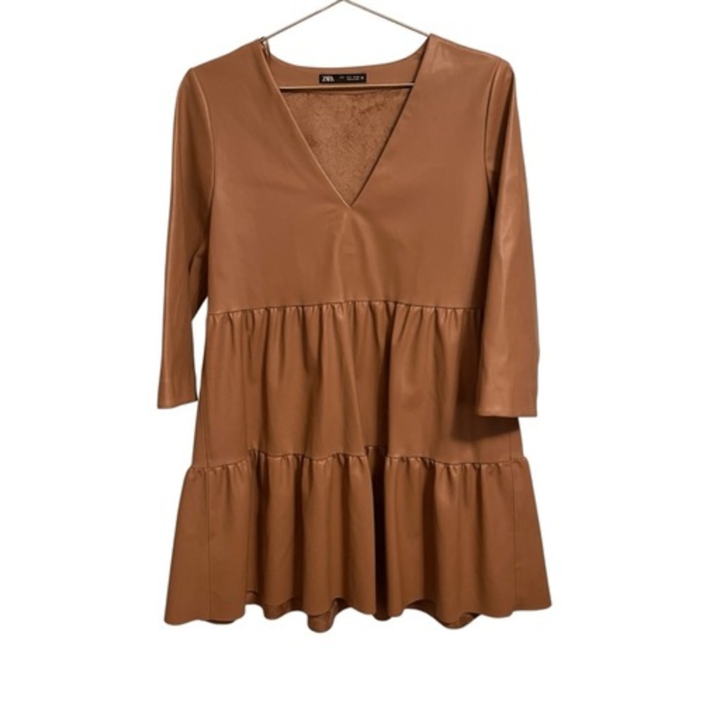 Zara Faux Leather Tiered Mini Dress Tan Brown V-Neck 3/4 Sleeve Small